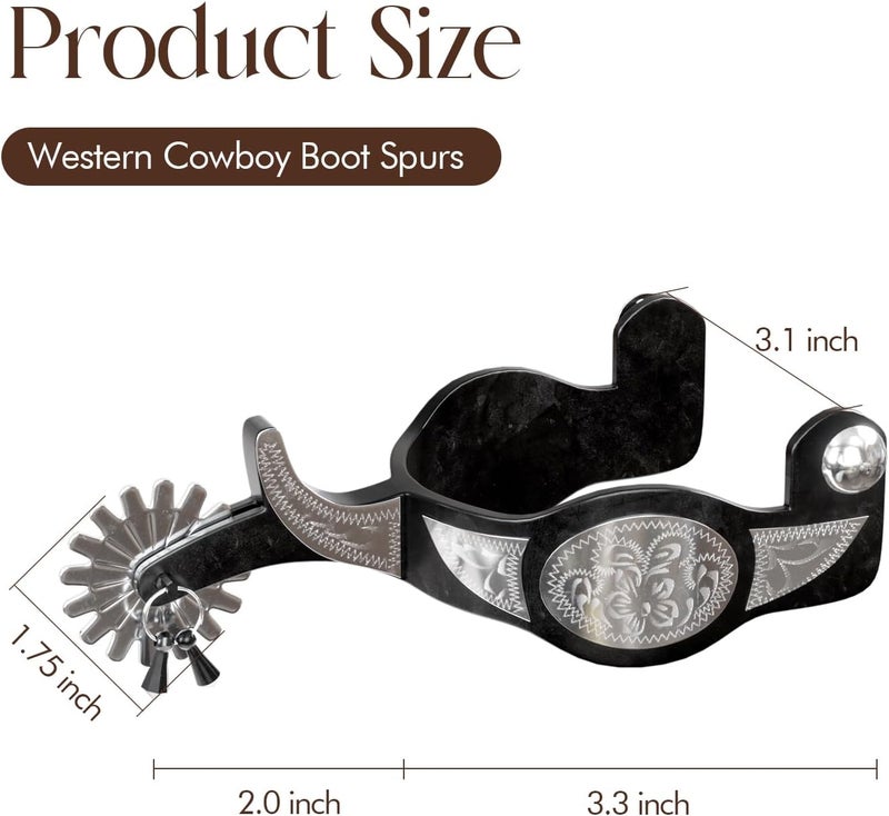 EQUSPUR Western Cowboy Spurs, 1 Pair Horse Spurs with Rowels, Antique Horse Boot Spurs with Hand-Carved Decoration for Adult Equestrian, Men Women - Image 2